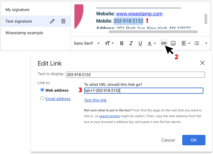 Добавить гиперссылку в подпись Gmail