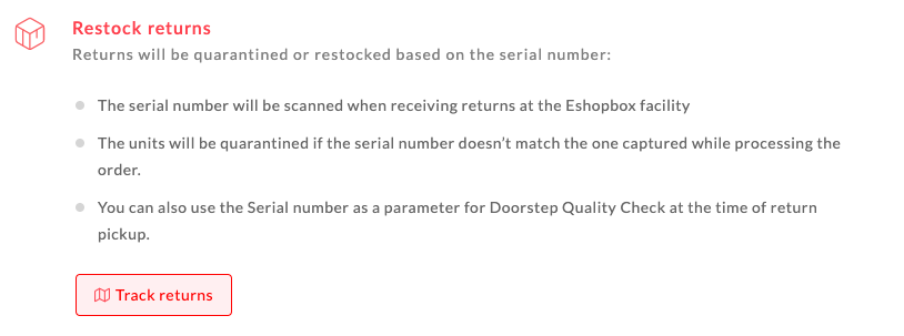 Eshopbox はシリアル番号に基づいて返品を隔離済みまたは再入荷済みとしてマークします