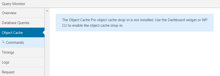 Übersichtsbereich in Query Monitor-Site-Details, einschließlich Objekt-Cache-Status. Es wird eine Meldung angezeigt, dass das Plug-in für persistentes Objekt-Caching fehlt