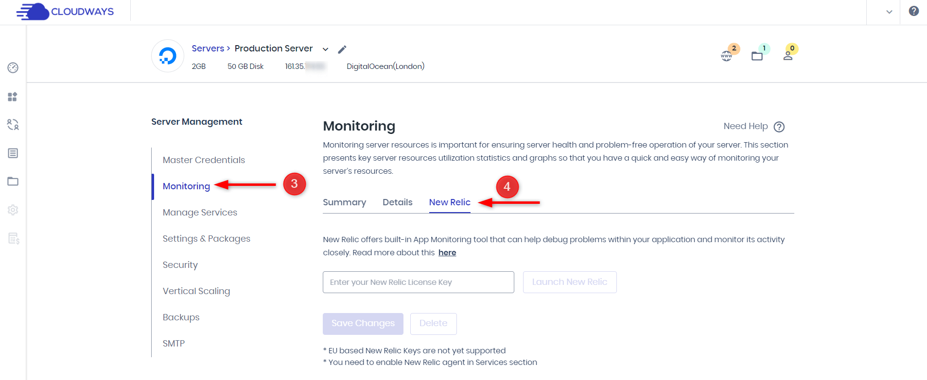 Interface de gerenciamento do servidor com 'Monitoramento' selecionado, mudando para a guia 'Nova Relíquia'