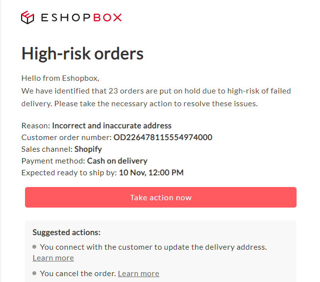 Eshopbox, satıcıları yüksek risk puanına sahip siparişler konusunda harekete geçmeleri konusunda bilgilendiriyor