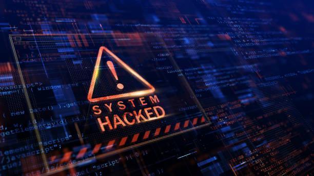 システムがハッキングされたという警告。ウイルス、サイバー攻撃、マルウェアのコンセプト。 3D レンダリング。システムがハッキングされたという警告。ウイルス、サイバー攻撃、マルウェアのコンセプト。 3D レンダリング。サイバー攻撃ストック写真や ロイヤリティーフリー画像