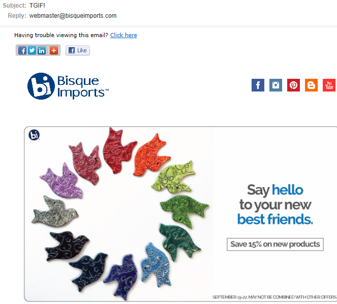 來自 Bisque Imports 的介紹電子郵件主題行範例