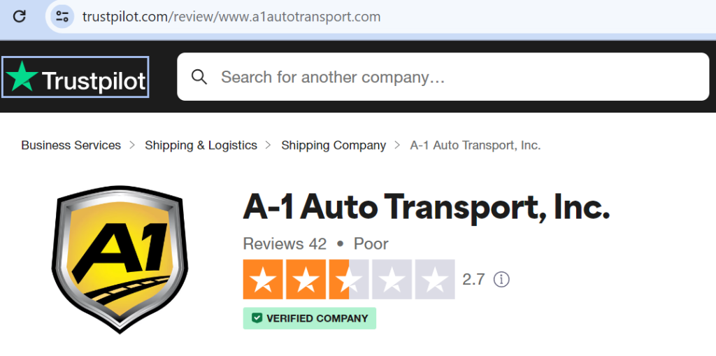 Zrzut ekranu z recenzją Trustpilot A-1 Auto Transport