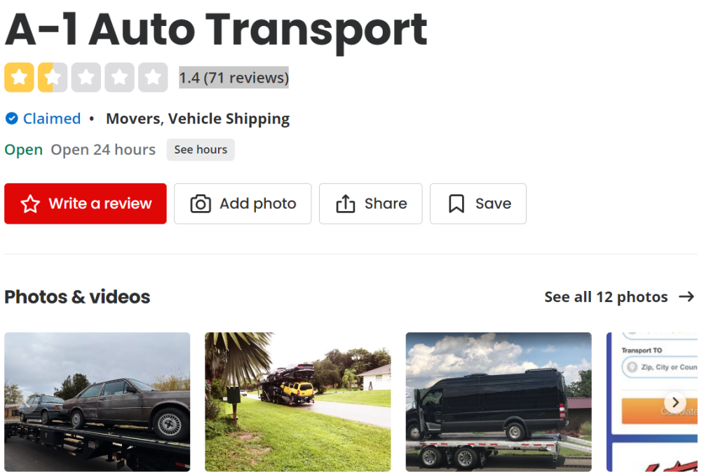Yelp A1 Auto Transport a noté 1,4 pour un total de 71 avis
