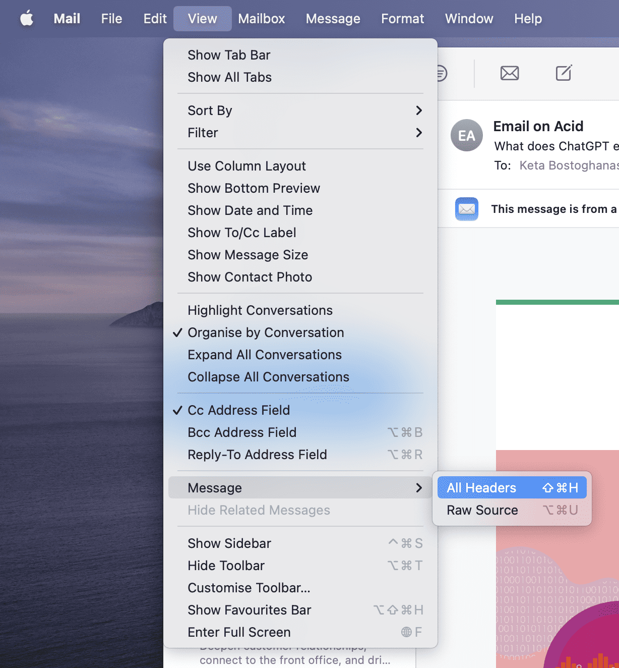Cabeçalhos de e-mail no Apple Mail