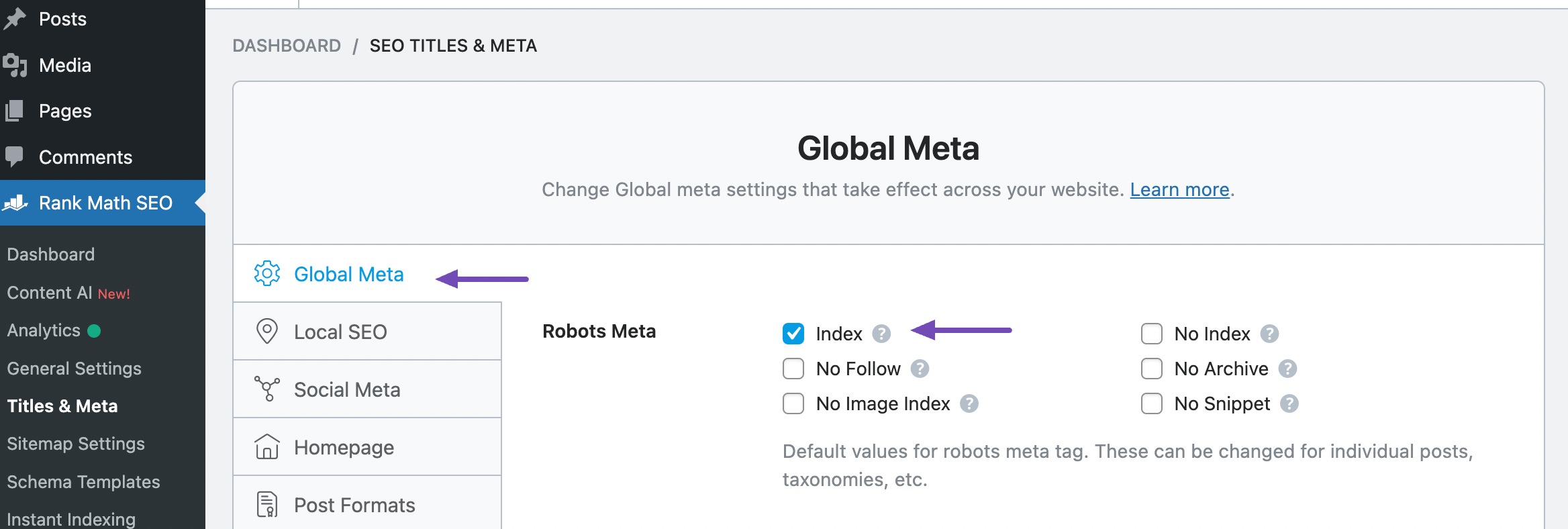 Meta global configurada para indexar