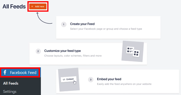 使用自定义 facebook feed pro 添加新的 feed