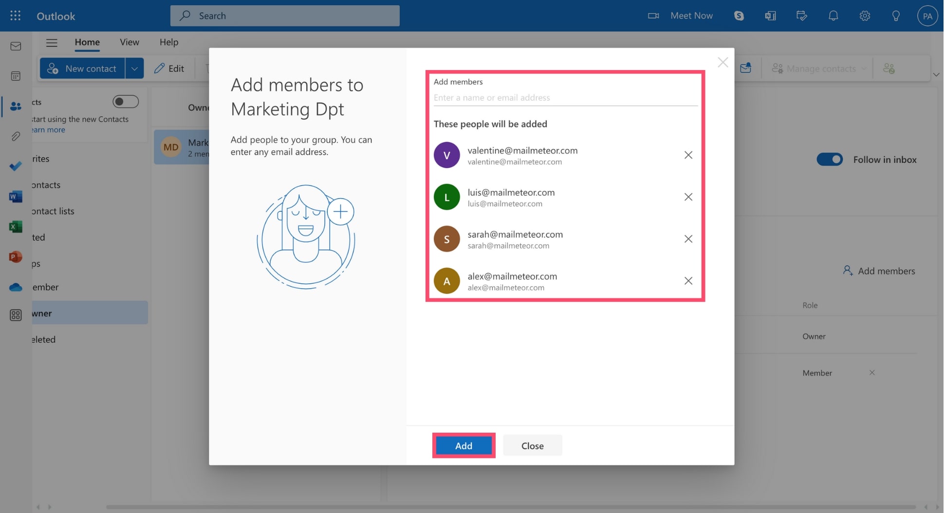 Ajouter des membres à votre groupe de messagerie dans Outlook
