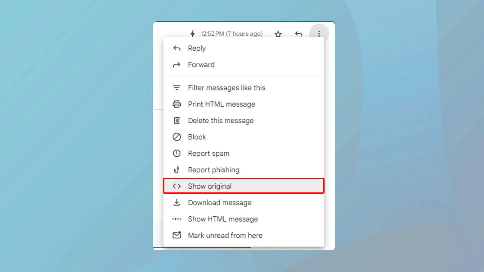 Controllo delle intestazioni delle email in Gmail con Mostra originale evidenziato.