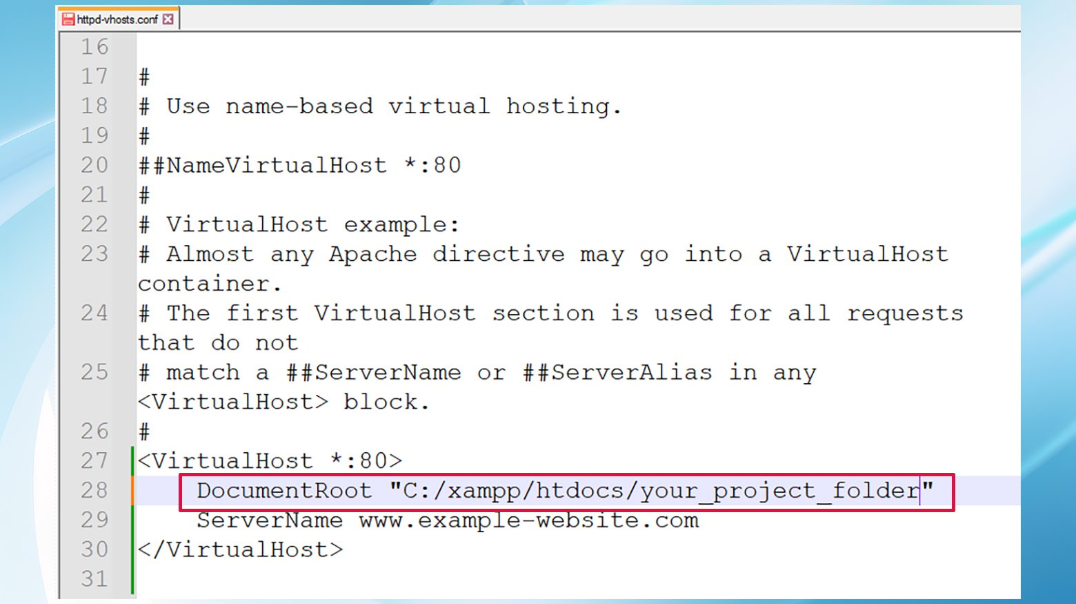 Durch das Aktualisieren von DocumentRoot in der Datei httpd-vhosts.conf kann ein localhost/index.php-Fehler behoben werden.