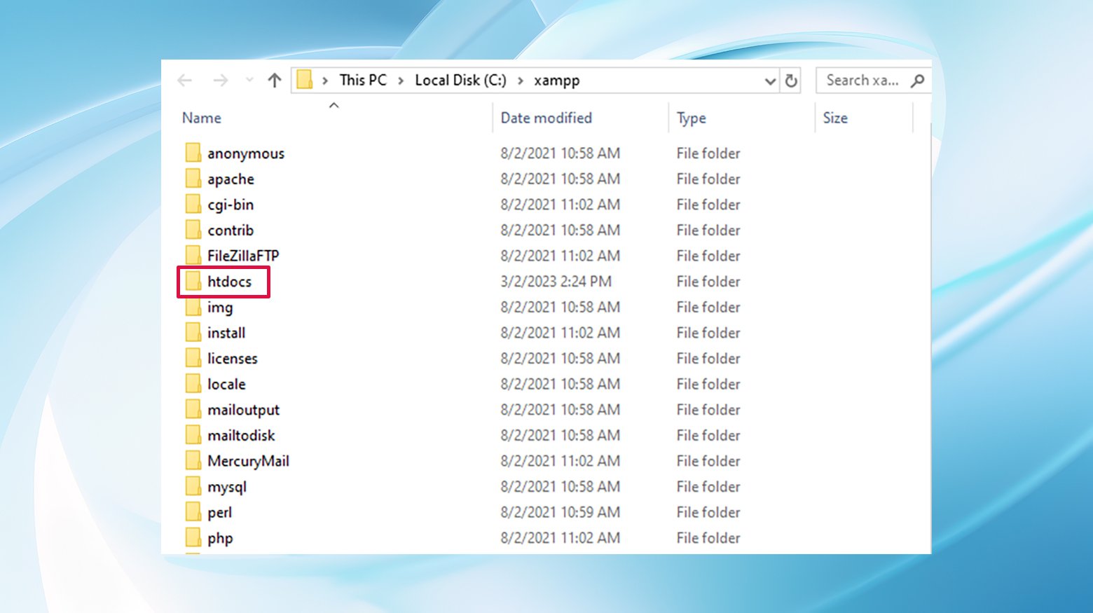 XAMPPs htdocs-Ordner unter c:/xampp in einem Datei-Explorer-Fenster.