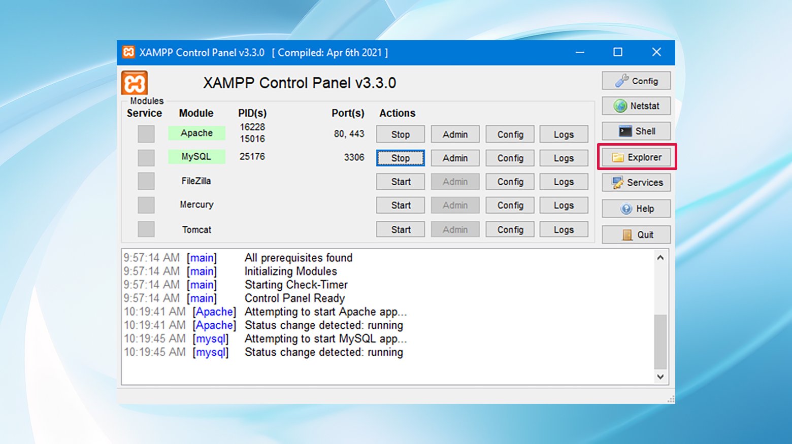 제어판의 탐색기 버튼에서 XAMPP 파일에 액세스하는 것은 localhost/index.php 오류 문제를 해결하는 첫 번째 단계입니다.