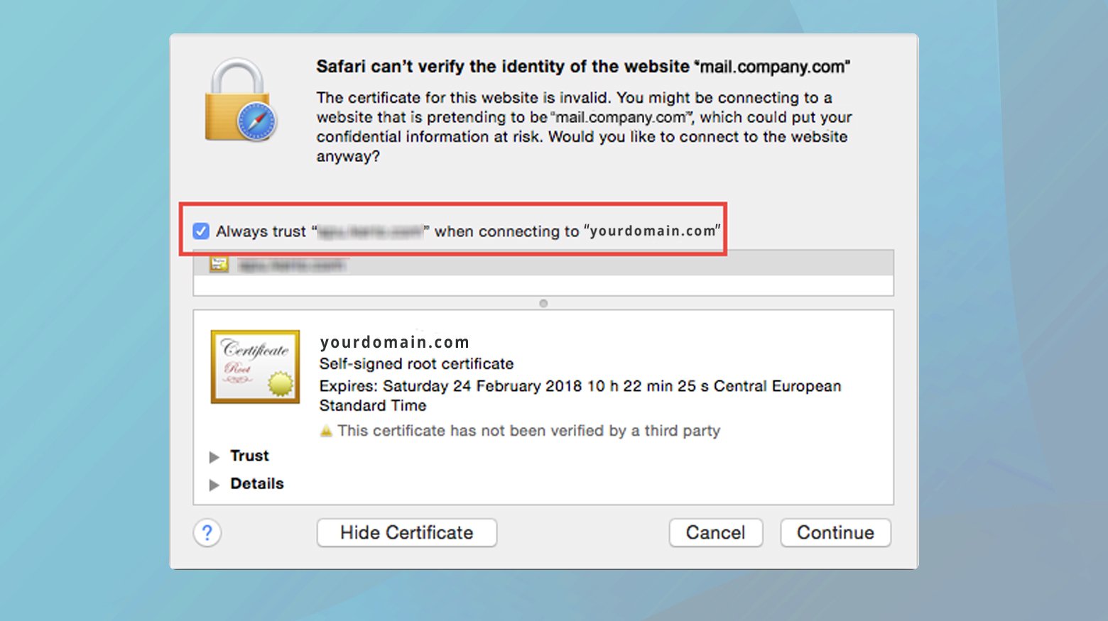 Добавление сертификата в доверенное хранилище Safari