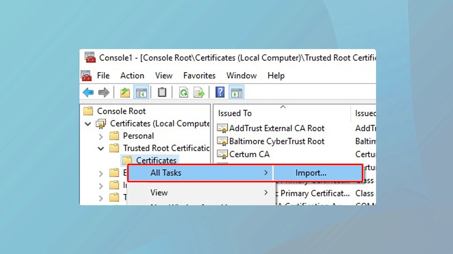 добавление сертификата в доверенное хранилище Windows 2