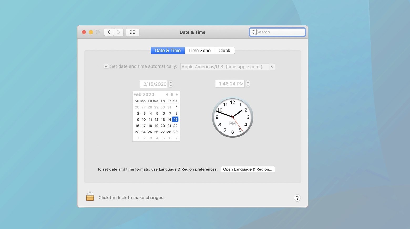 Página de data e hora nas configurações do Mac