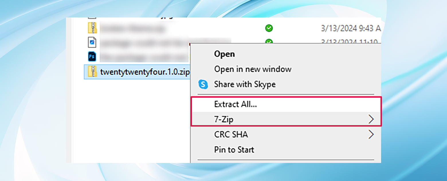 O arquivo zip de um tema em uma janela do explorador de arquivos. O menu do botão direito exibe as opções para descompactar ou descompactar o arquivo .zip.