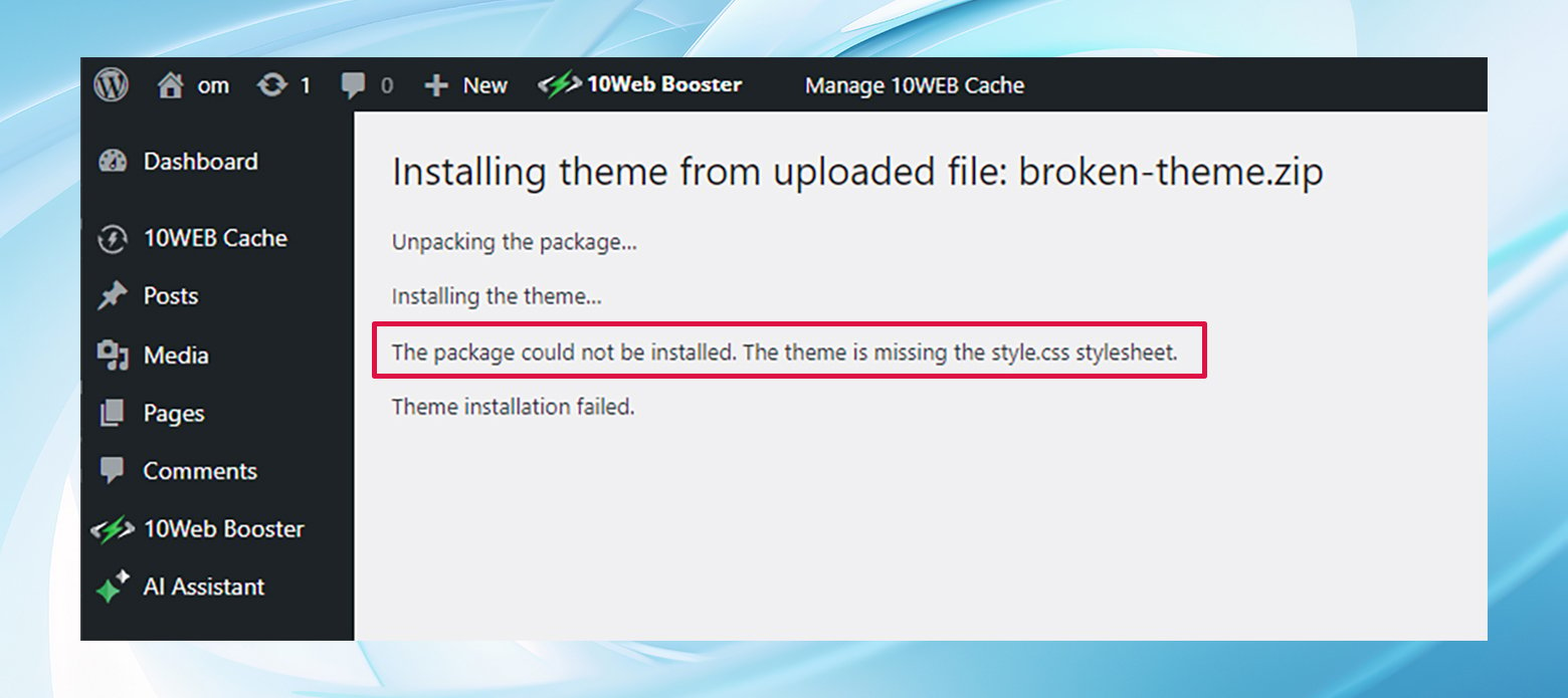 La apariencia del panel de WordPress, los temas, agregan un nuevo tema "no se pudo instalar el paquete. Al tema le falta la hoja de estilo style.css". error.