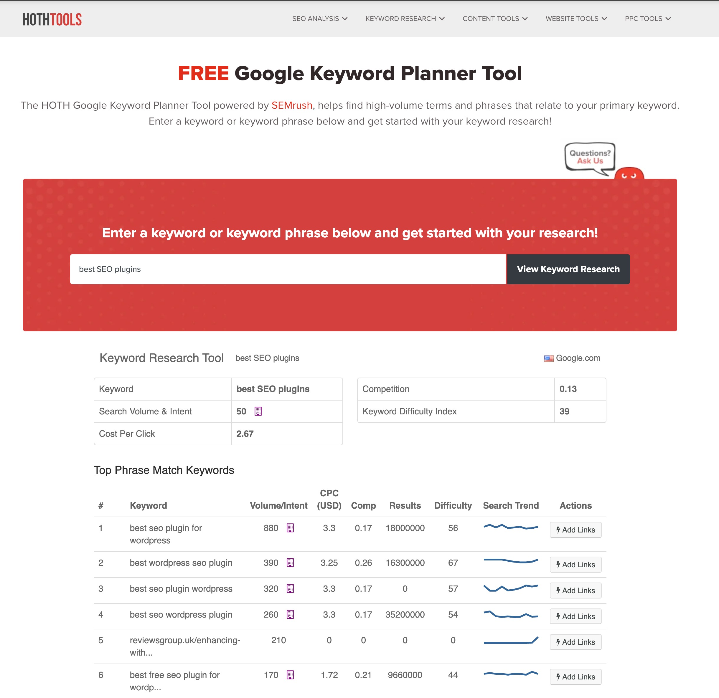 Инструмент планировщика ключевых слов Google от Hoth