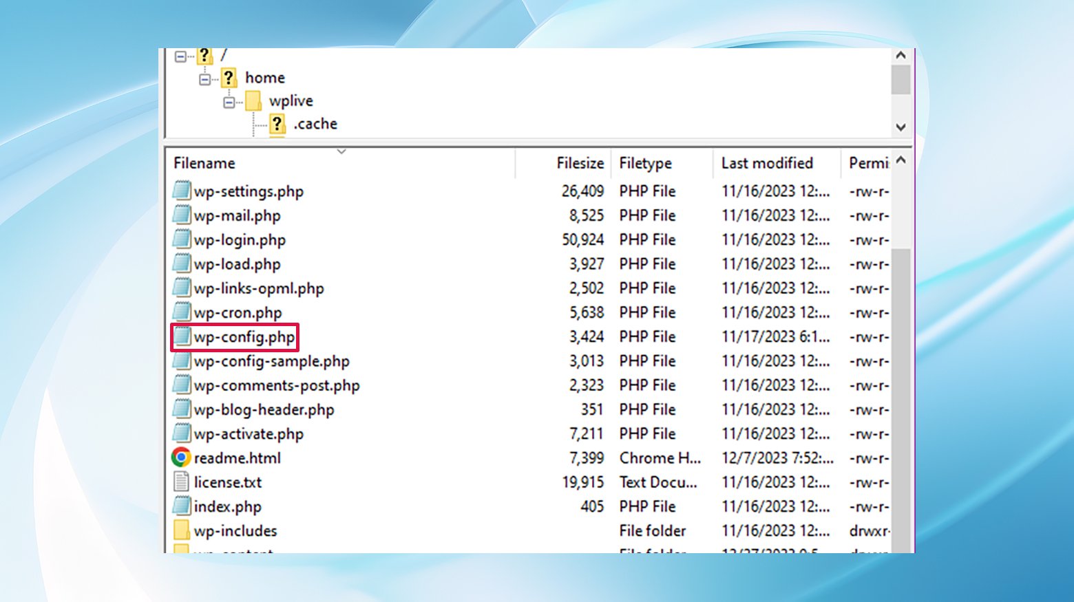 wp-config.php dosyası, bir FTP istemcisinden görüntülendiği şekliyle web sitesi dosyaları listesinde görünür.