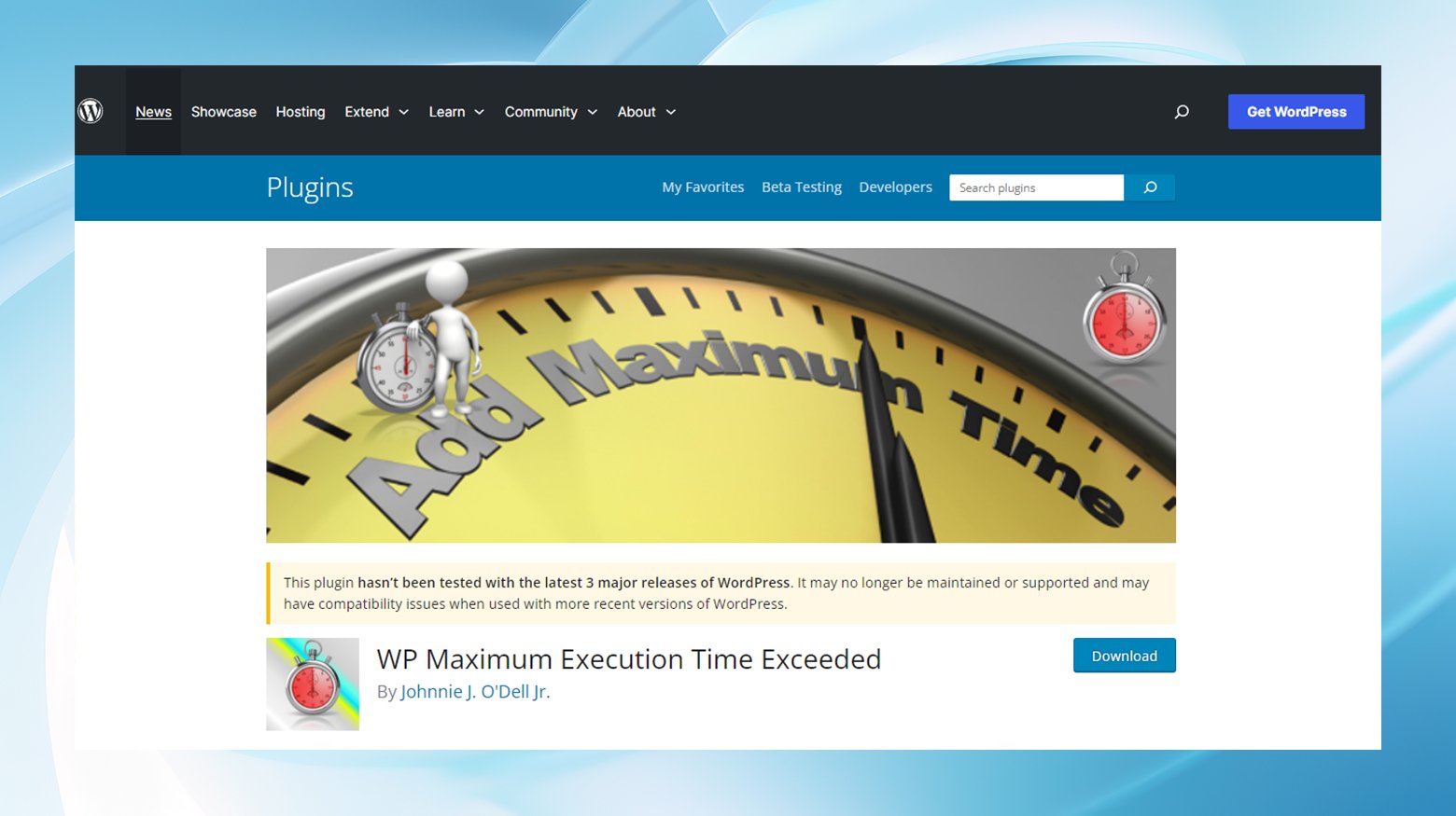 WP Maksimum Yürütme Süresi Aşıldı eklenti sayfasının ekran görüntüsü.