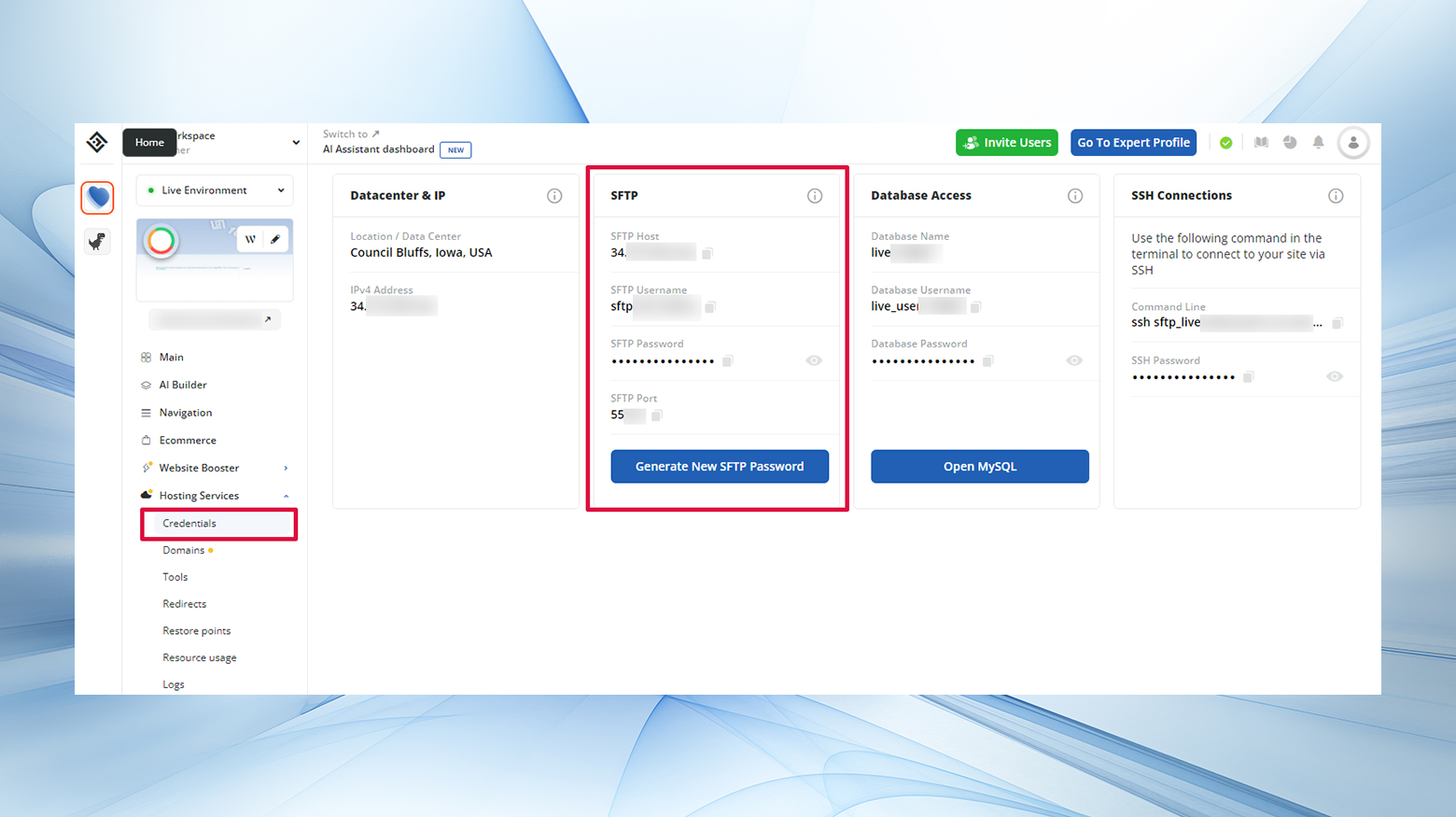 Das Dashboard von 10Web zeigt die Seite „Hosting-Dienste – Anmeldeinformationen“ mit den SFTP-Benutzeranmeldeinformationen, die zum Anmelden und Zugreifen auf die Website-Dateien verwendet werden.