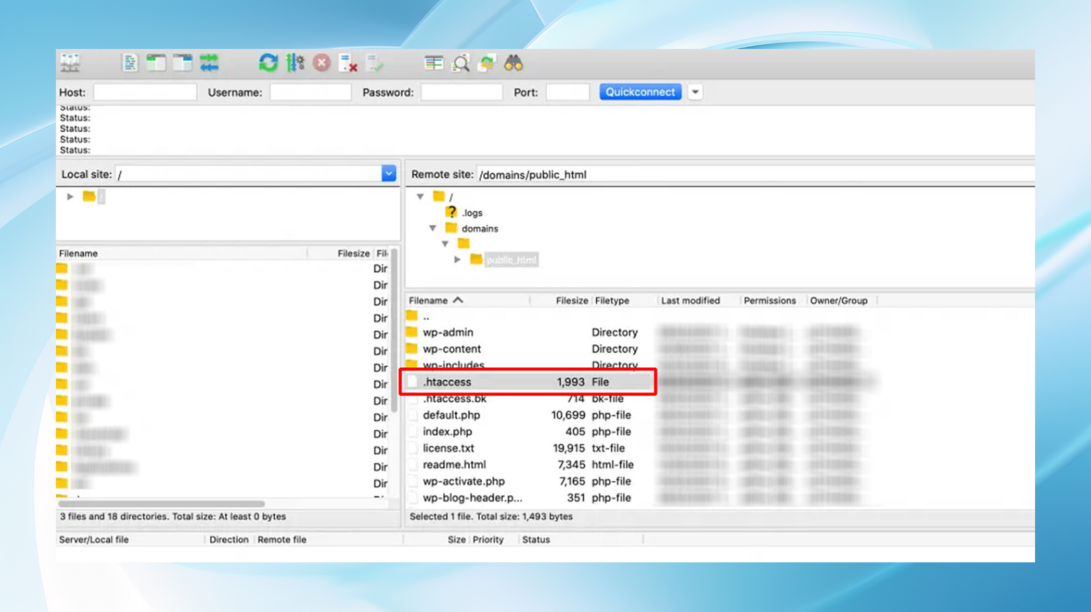 Le fichier htaccess est surligné en rouge et apparaît dans la liste des fichiers du site Web dans le client FTP.