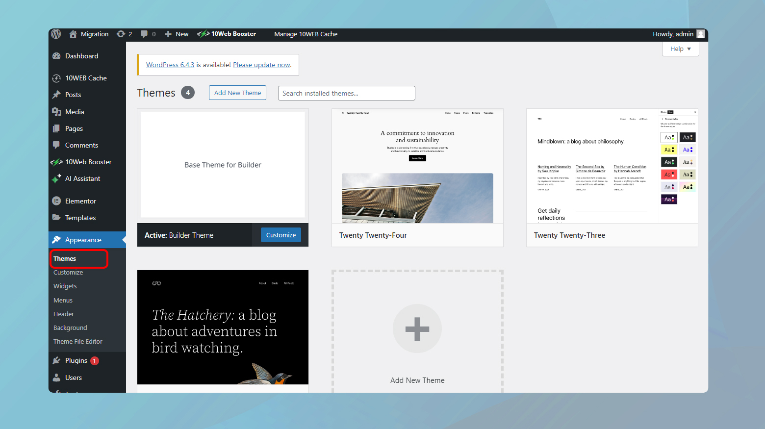 WordPress-Admin-Dashboard mit geöffneter Themenseite