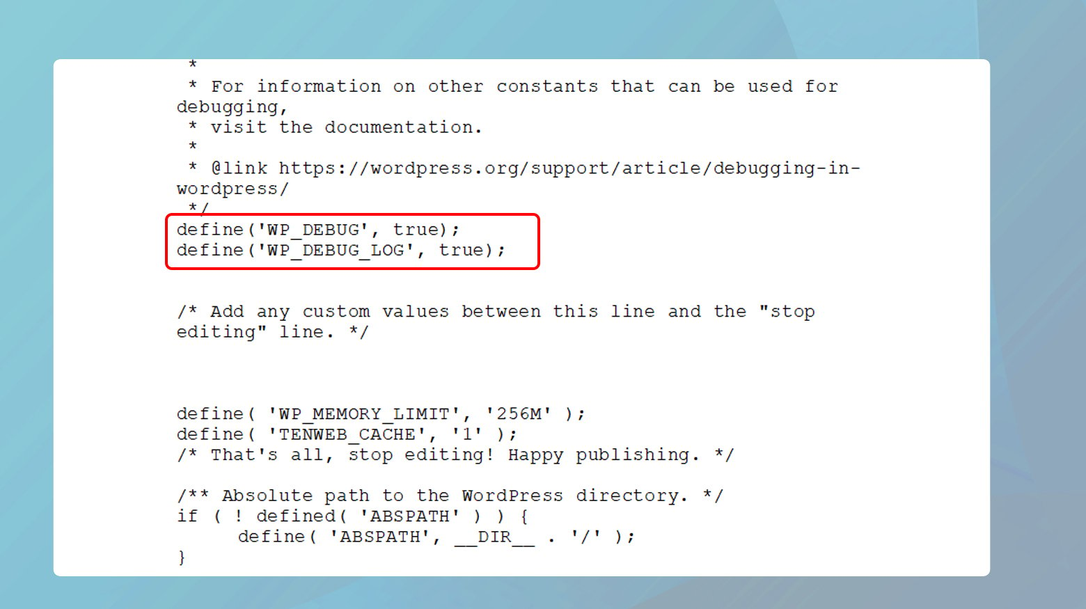 Hata ayıklama kodunu içeren php yapılandırma dosyası