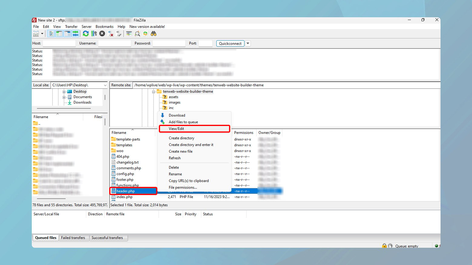 File header php di folder tema diakses melalui klien FTP.