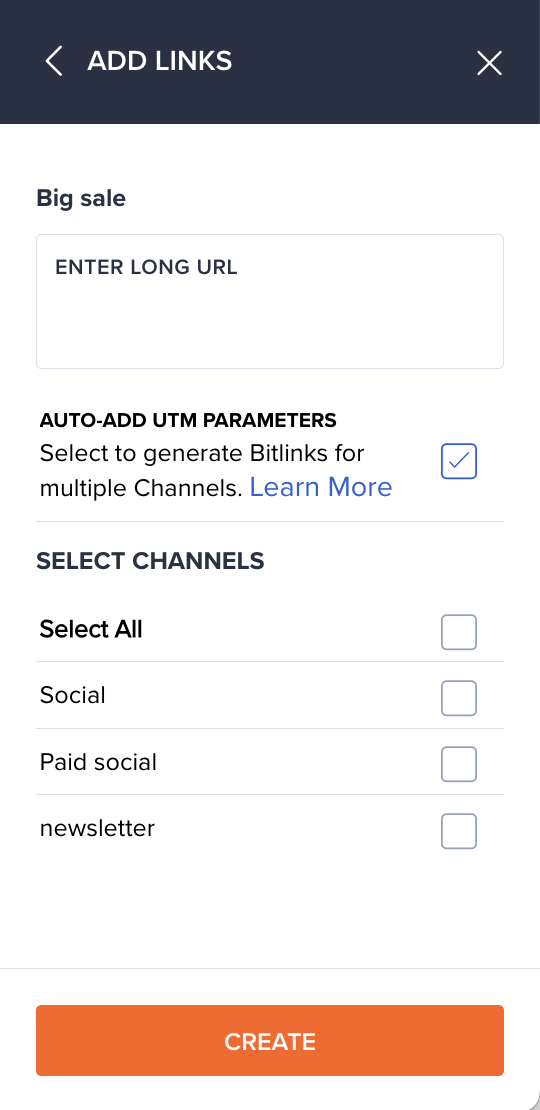 O captură de ecran a paginii în care utilizatorii Bitly pot adăuga link-uri noi către o campanie sau un canal