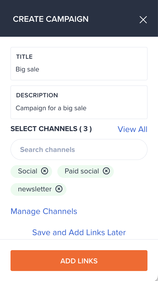 O captură de ecran a paginii „Bitly new campanie adăugați linkuri” unde utilizatorii pot adăuga titluri, descrieri, canale și salvați linkuri pentru a le adăuga
